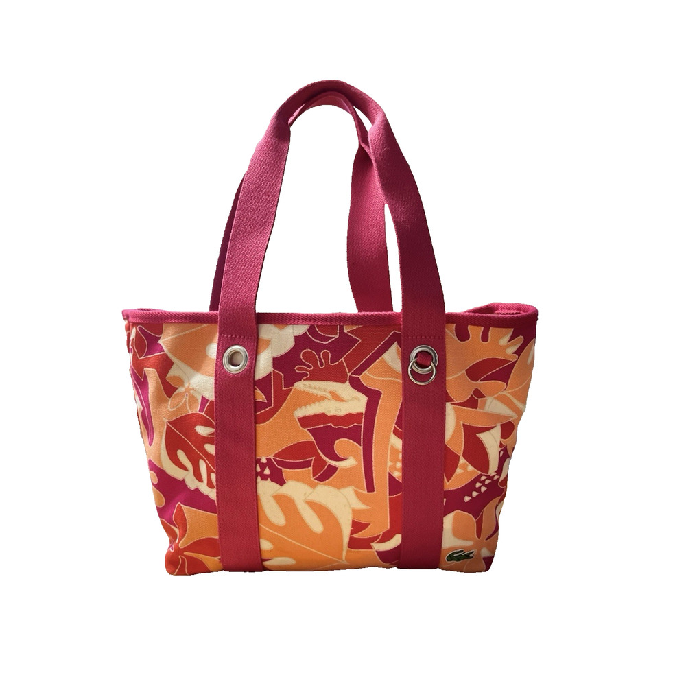 Lacoste Canvas Beach Tote Bag Tropical Pink Orange Shopper w/ Zip Pouch - Picture 2 of 14